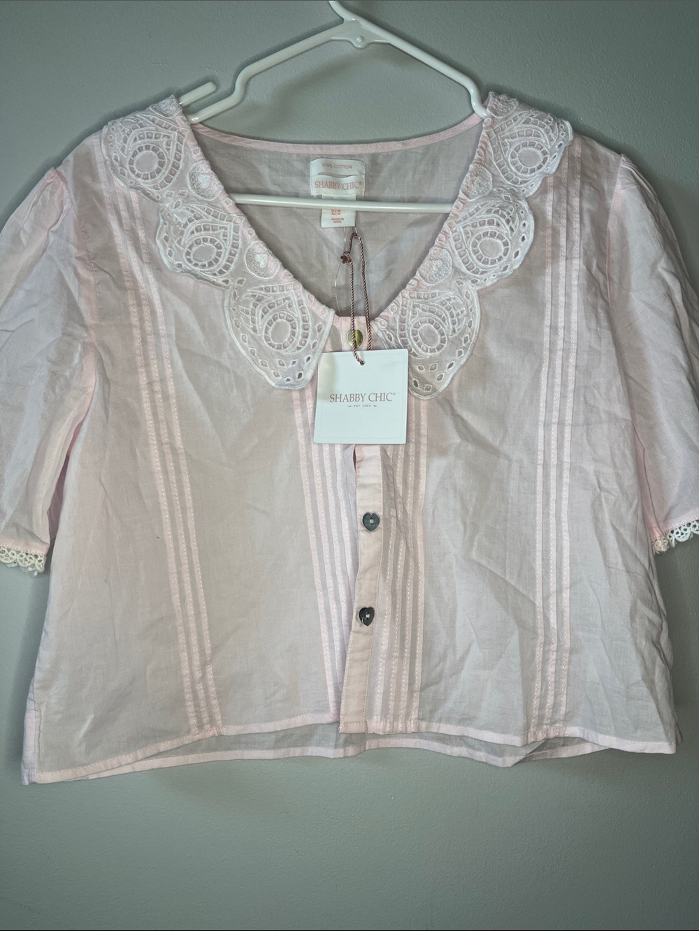 Shabby Chic baby pastel pink 100% cotton lace collar trim heart button up blouse
